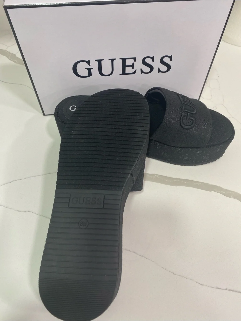 GUESS Black Embossed Logo Platform Slide Sandals